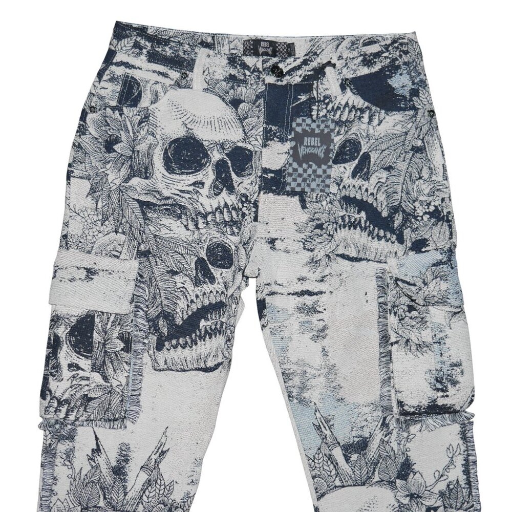 New Rebel Vengeance Skull Tapestry Cargo Pants Size 36x32 Goth Streetwear - Picture 2 of 9